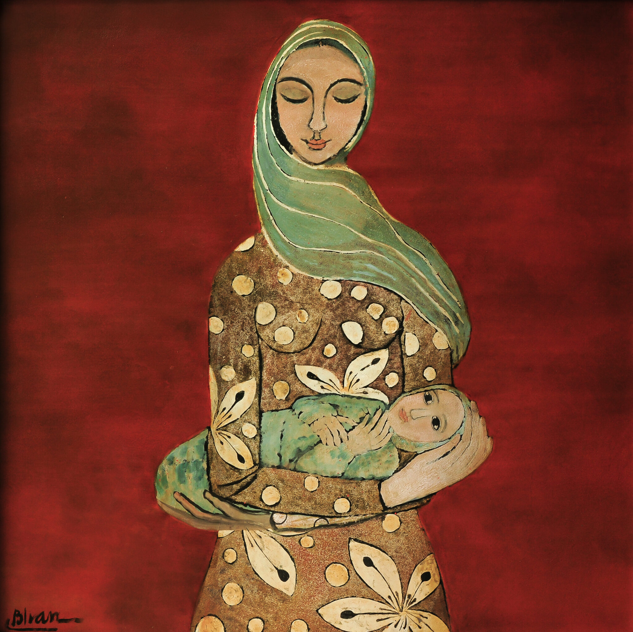 Artist Boi Tran (Vietnamese, B. 1957), Mother and Child, 2005. Lacquer on panel. 100 x 100 cm. (39 3/8 x 39 3/8 in.)