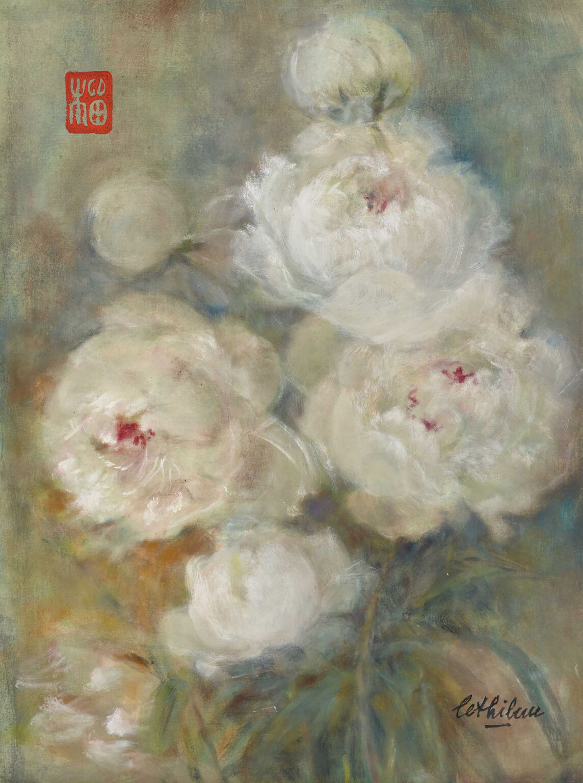 Pivoines (Peonies), Le Thi Luu (1911-1988), signed ‘le thi luu’ (lower right), ink and gouache on silk, 35.5 x 27 cm. (14 x 10 5/8 in.), Painted in 1970, one seal of the artist. Courtesy: Christie's