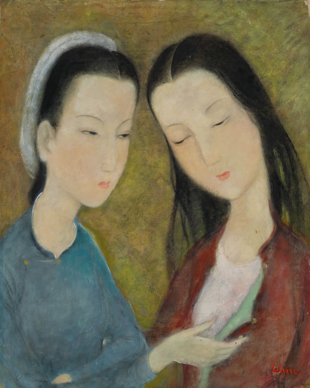 La Confidence (Women Confiding), Le Thi Luu (1911-1988), signed ‘leluu’ (lower right), ink and gouache on silk, 41.5 x 33 cm. (16 3/8 x 13 in.), Painted circa. 1938. Courtesy: Christie's