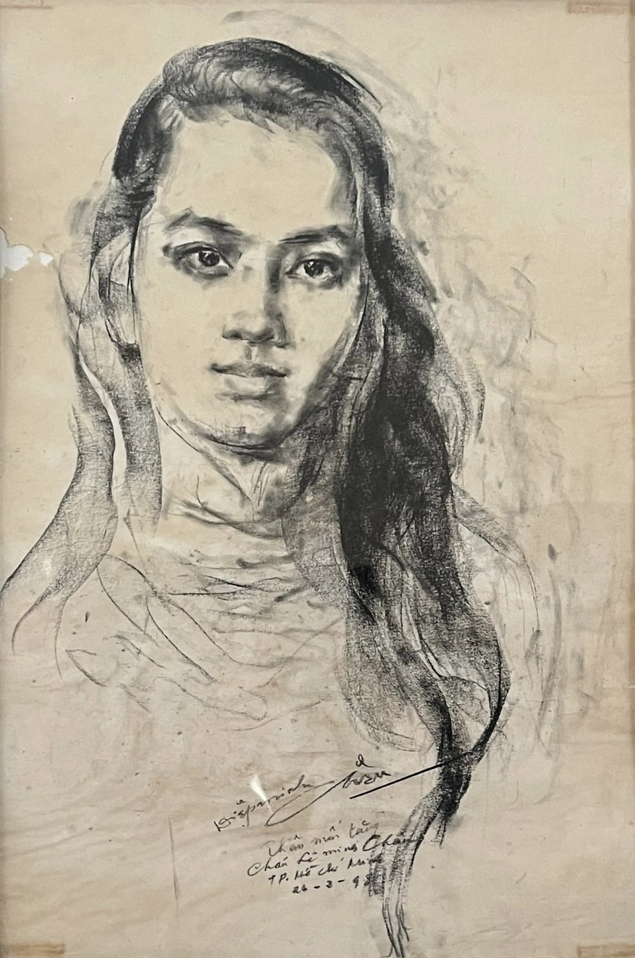 Diep Minh Chau (Vietnam, 1919–2002), Portrait of Minh Chau (Chân dung Minh Châu), 1998, signed and dated ‘TP HCM 26.2.98 DIÊP-MINH-CHÂU’ (lower right), inscribed ‘Dearly gifted to Le Minh Chau’, drawing. Boi Tran Garden Collection.