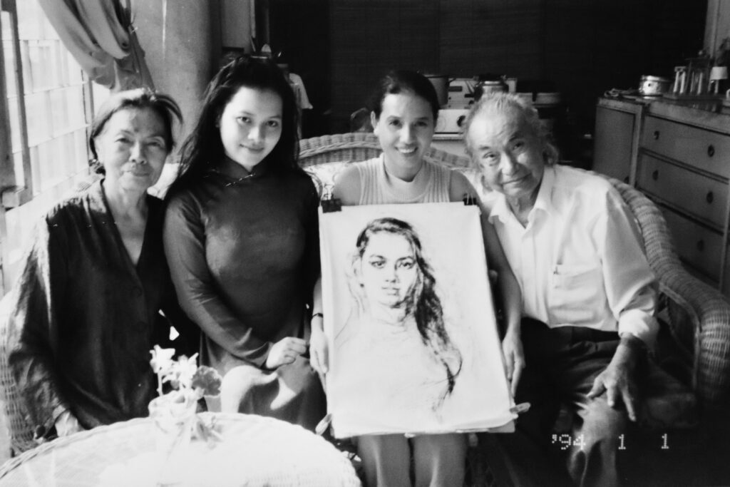 Diep Minh Chau’s wife, Minh Chau, Boi Tran and Diep Minh Chau at his atelier in Saigon, 1994