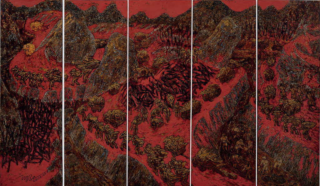 Truong Be (1942-2020), Dans le Quang Tri (In Quang Tri), c. 2006-2009, lacquer on panel, 135 x 225 cm. (53 1/8 x 88 5/8 in.)