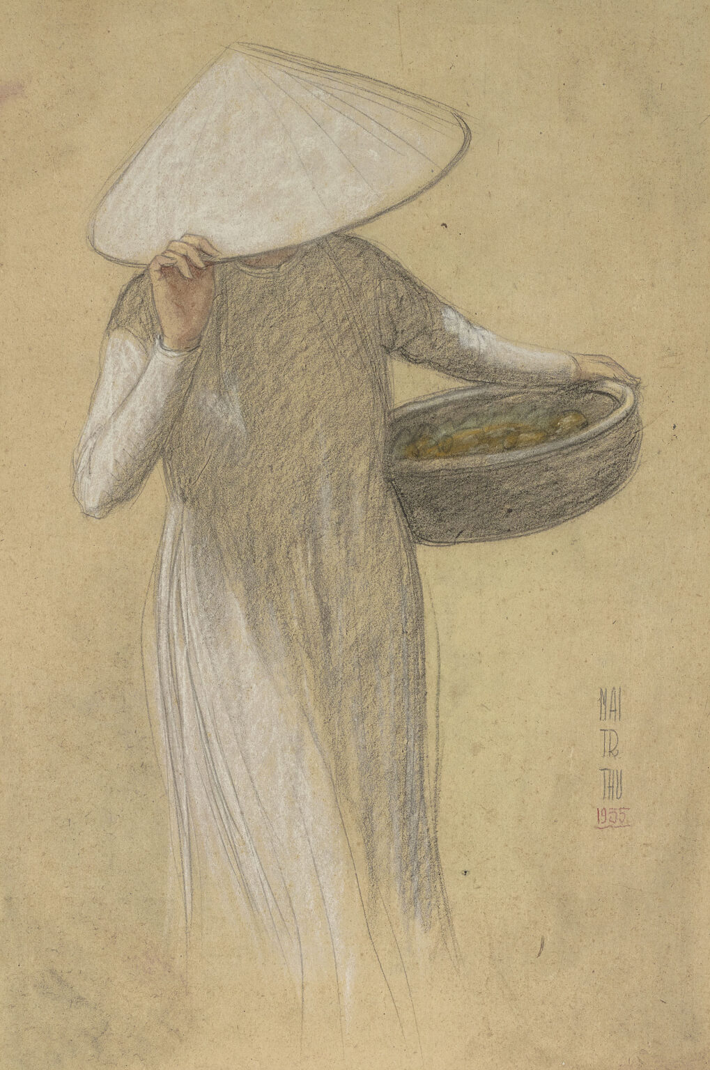 Mai Trung Thu (1906-1980), Retour de la cueillette (Back from Fruit Picking), 1935, pastel, charcoal, and chalk on paper, 58.8 x 38.8 cm. (23 1/8 x 15 1/4 in.)