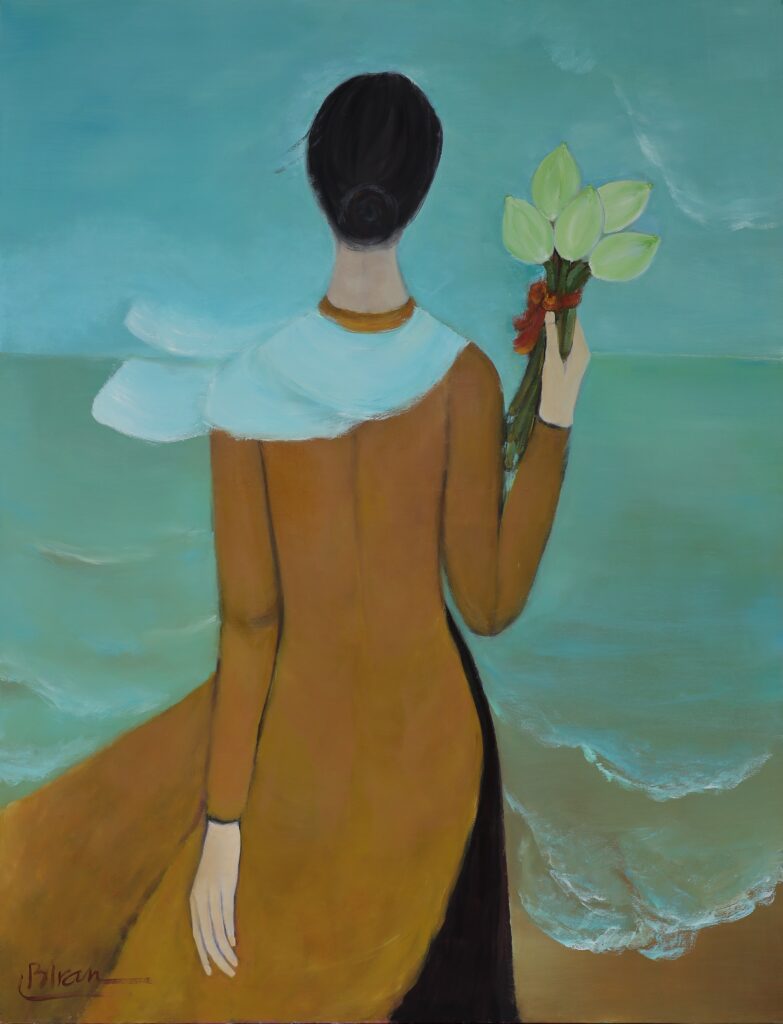 Boi Tran (Vietnam, B. 1957)Lotus et nostalgie (Lotus and Longing)signed and dated 'Btran' (lower left)oil on canvas130 x 100 cm. (51 3/16 x 39 3/8 in.)Painted in 2025