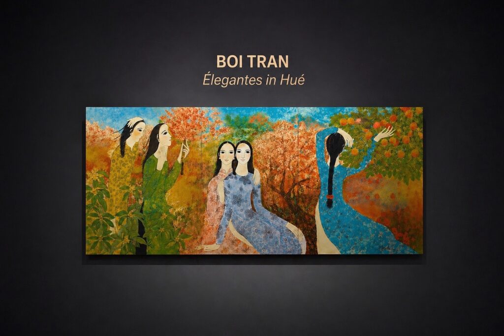 Elégantes in Hué | lacquer on panel (triptych) | each 120 x 80 cm (47 1/4 x 31 1/2 in.), overall 120 x 240 cm (47 1/4 x 94 1/2 in.). Hammered Price: USD 15,189 at Ravenel: Select Modern & Contemporary Art, Vietnamese Modern Art, 2019