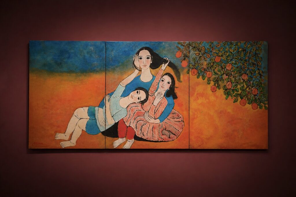 Boi Tran (Vietnam, B. 1957)
Mother and Children
signed 'Btran' (lower left)
lacquer on panel (triptych)
each 120 x 80 cm. (47 1/4 x 31 1/2 in.)
overall 120 x 240 cm. (47 1/4 x 94 1/2 in.)
Painted in 2010