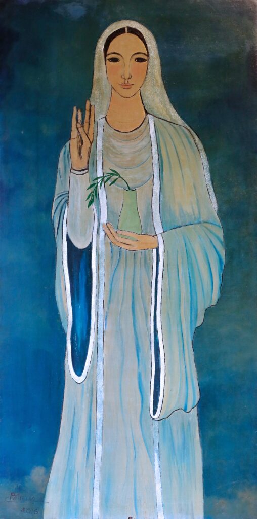 Boi Tran (Vietnam, B. 1957)
Guan Yin (观音)
signed and dated 'Btran 2016' (lower left)
lacquer on panel
160 x 80 cm. (62 63/64 x 31 1/2 in.)
Painted in 2016
