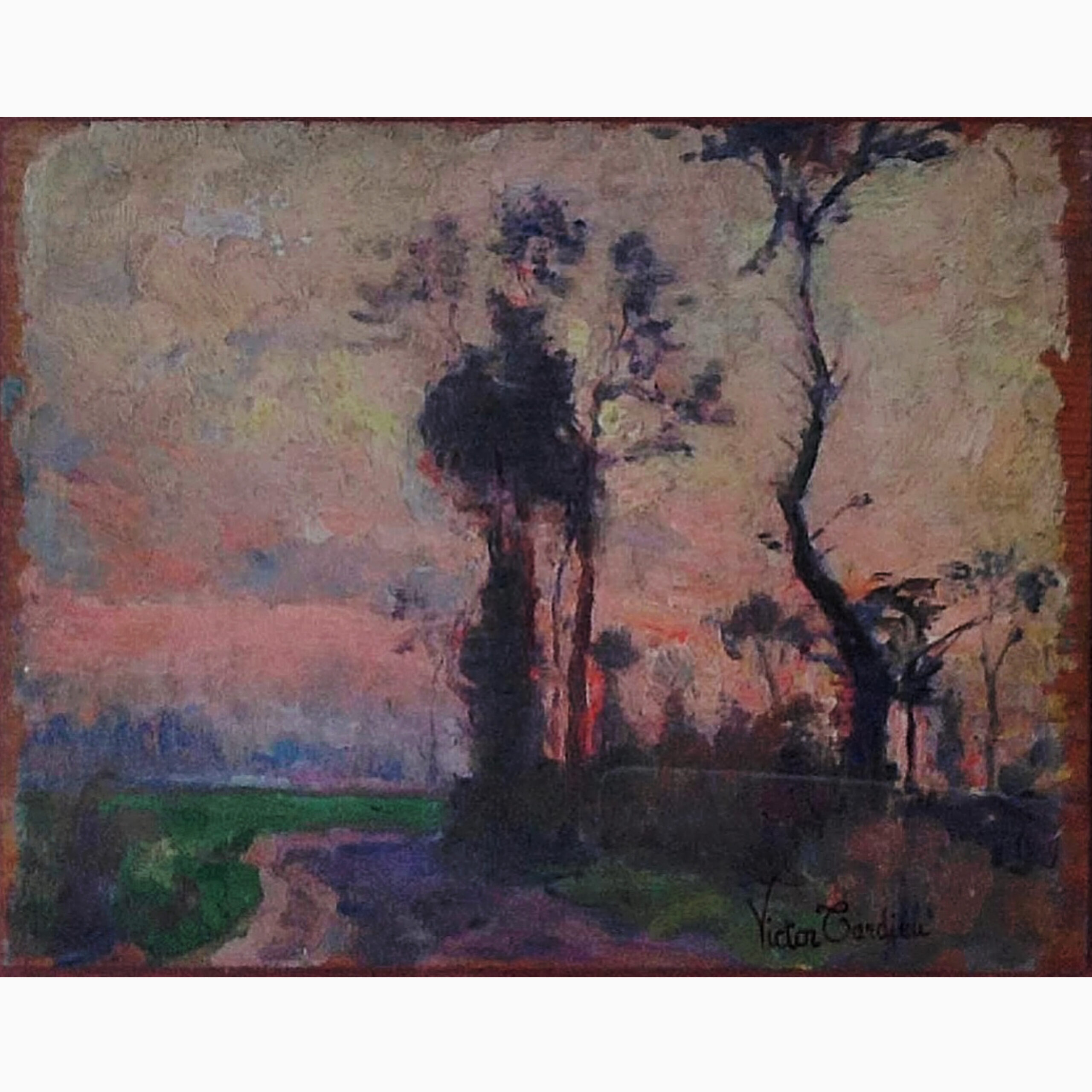 Victor Tardieu (France, 1870–1937)
Coucher de soleil à Hué (Sunset in Hue)
stamped with the artist's atelier stamp ‘Victor Tardieu’ (lower right)
oil on board
14.8 × 18 cm. (5 7/8 × 7 1/8 in.)
Painted circa 1922–24