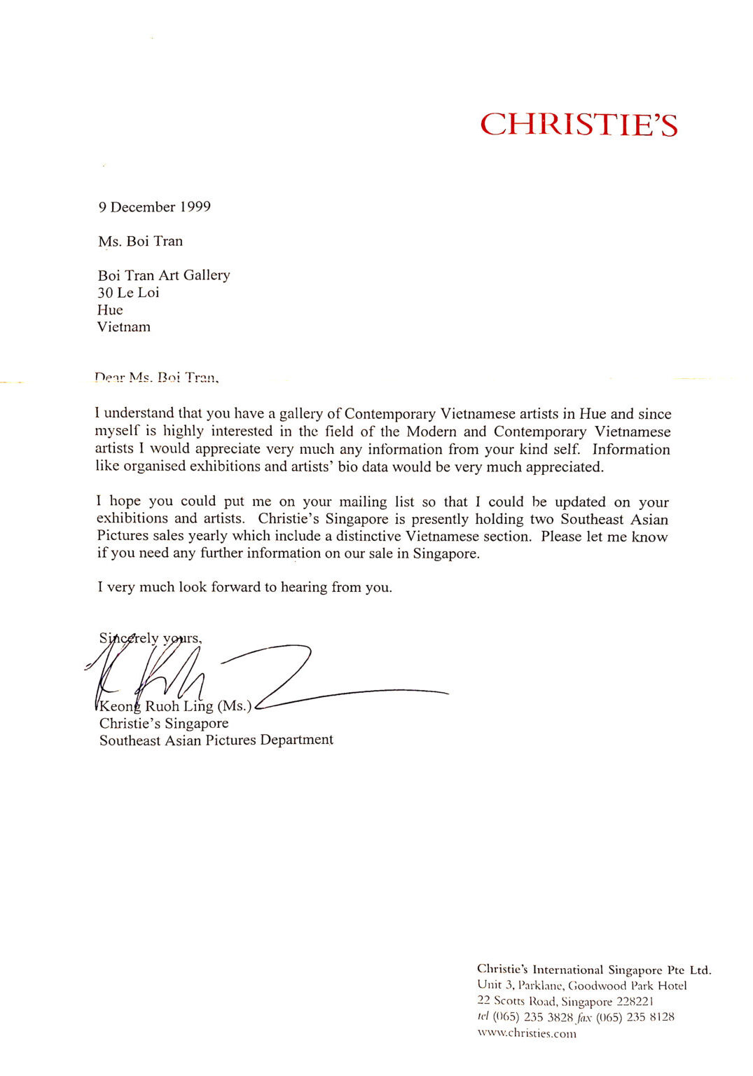 Letter of Christie’s Singapore, Southeast Asian Pictures Department to Boi Tran Garden (Boi Tran Art Gallery), 9 December 1999.