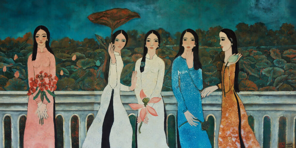 Hué Ladies By The Lotus Lake | lacquer on panel (tetraptych) | each 120 x 80 cm (47 1/4 x 31 1/2 in.), overall 120 x 320 cm (47 1/4 x 125 63/64 in.)