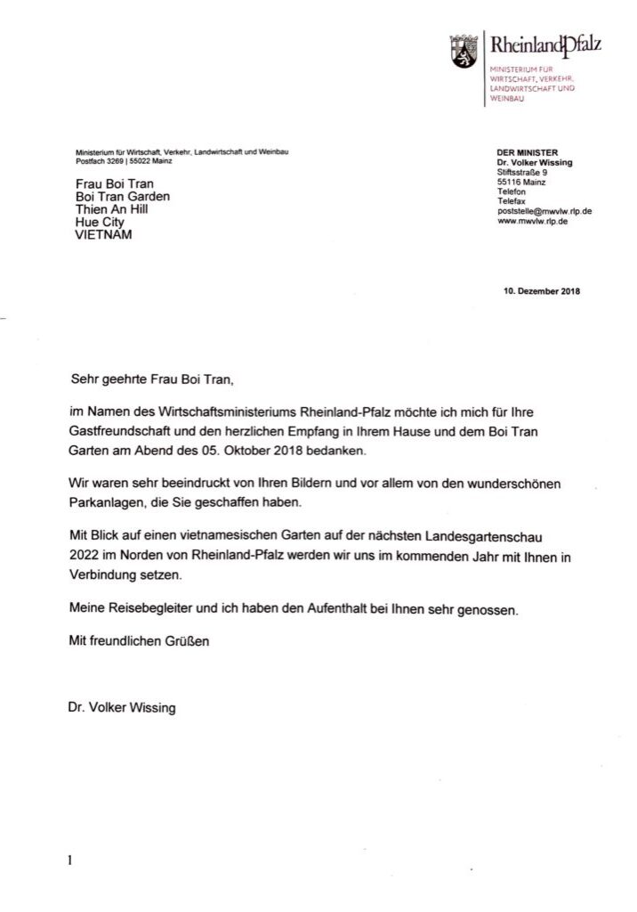 General Secretary, Germany Minister of Digital Affairs and Transport Volker Wissing’s Letter to Artist Boi Tran, 10 December 2018.