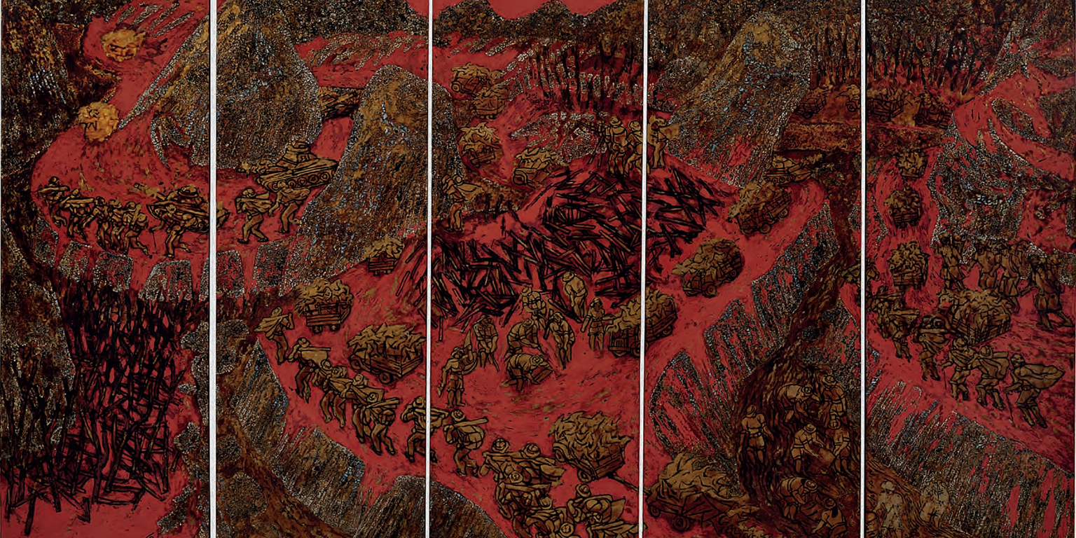Truong Be (1942-2020), Dans le Quang Tri (In Quang Tri), c. 2006-2009, lacquer on panel, 135 x 225 cm. (53 1/8 x 88 5/8 in.)