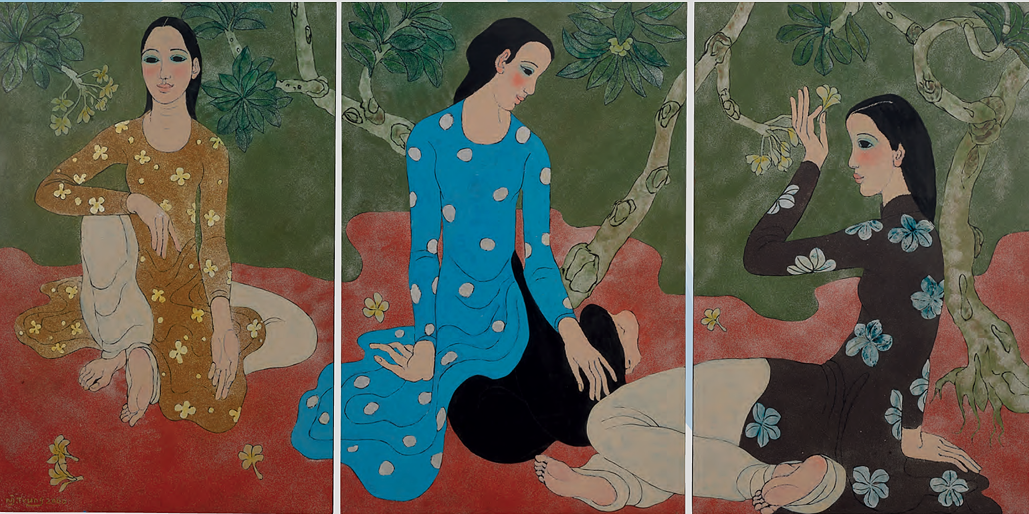 Nguyen Trung (B. 1940), Les Élégantes (Elegant Ladies), 2000, lacquer on panel (triptych), 120 x 238,5 cm. (47 1/4 x 93 7/8 in.)