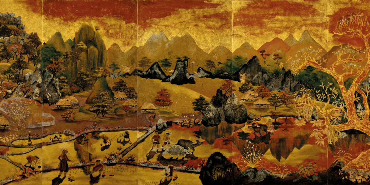 Hoang Tich Chu (1912-2003), La Haute-Région du Tonkin (Tonkinese Upper Region), 1950, lacquer on panel, each: 90 x 46 cm. (35 3⁄8 x 18 1⁄8 in.) (5); overall: 90 x 230 cm. (35 3⁄8 x 90 1⁄2 in.). Sold for HKD 2,500,000 at Christie's Hong Kong, 2 December 2021