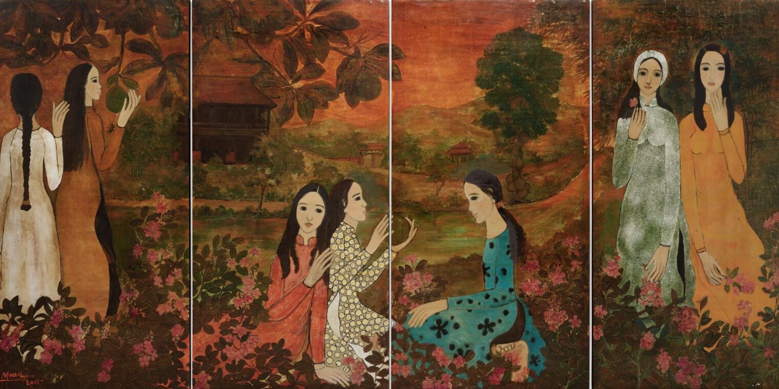 Boi Tran (B. 1957), Élégantes de Hué (Elegant Ladies of Huế), 2015, lacquer on panel (tetraptych), 159.5 x 320 cm. (62 3/4 x 126 in.)
