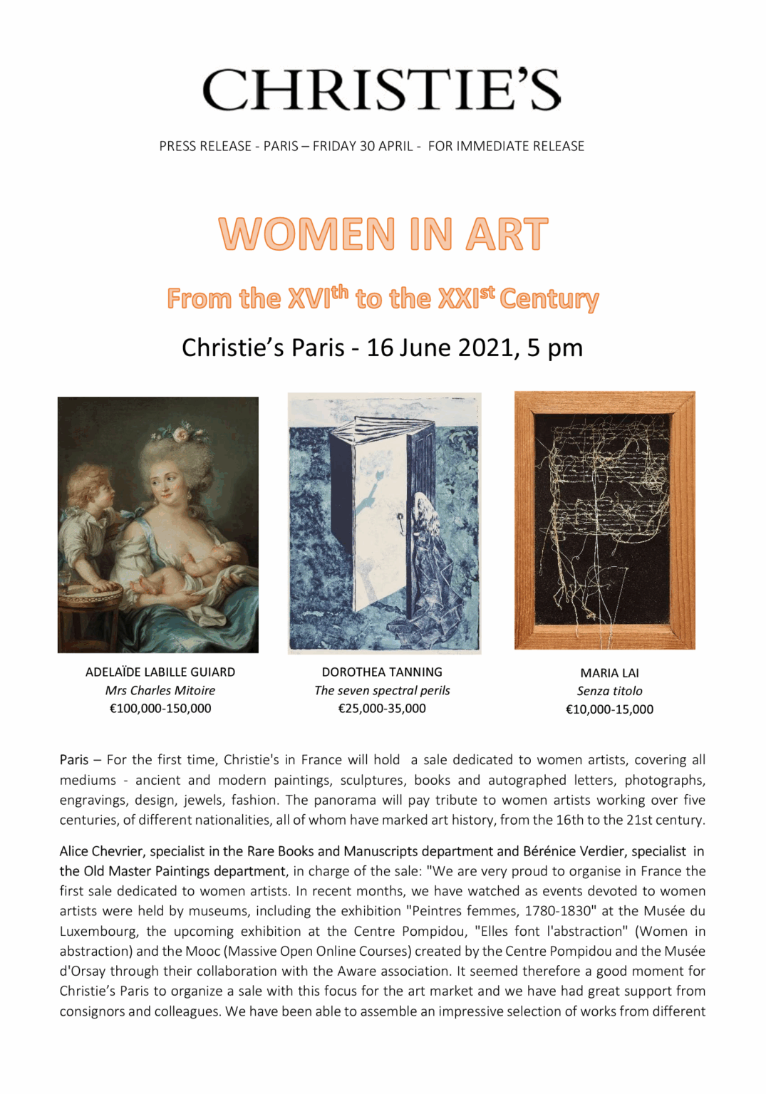 Christie's Press Release: Women in Art from the XVI to the XXI Century, Paris, 16 June 2021.