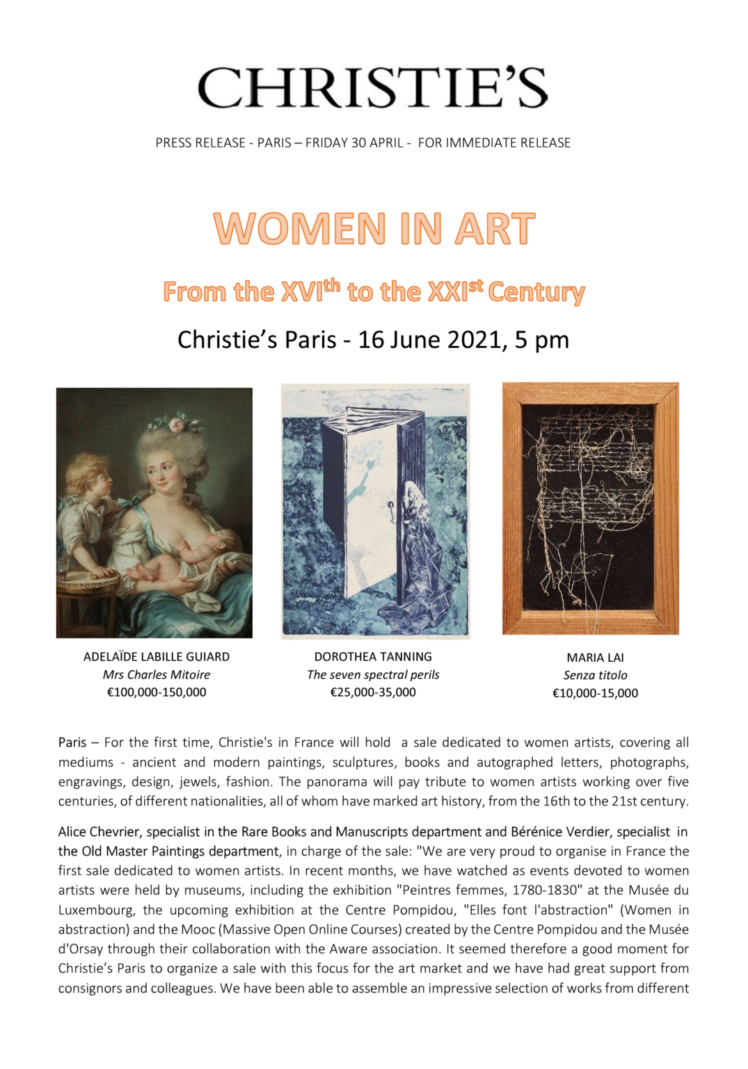 Christie's Press Release: Women in Art from the XVI to the XXI Century, Paris, 16 June 2021.